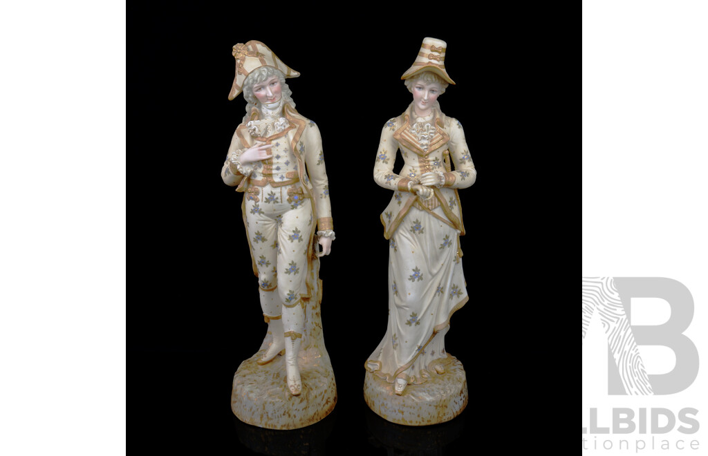 Pair Antique German Sitzendorf Bisque Porcelain Hand Decorated Male & Female Statues