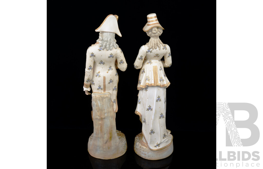 Pair Antique German Sitzendorf Bisque Porcelain Hand Decorated Male & Female Statues