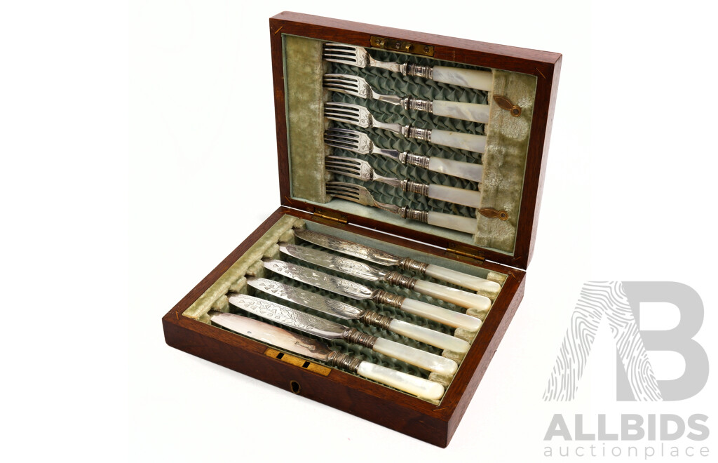 Antique Silver Plate Twelve Piece Knife & Fork Set with Mother of Pearl Handles in Mahogany Case with Brass Shield to Top