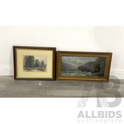 Mary Rochfort, River Scene, Watercolour, together with an Unsigned Seascape, Oil on Board (2)