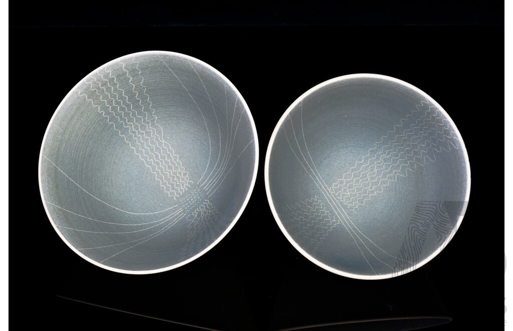 Dianne Peach (Born 1946), Two White Stoneware Bowls with Incised Patterned Glaze 1983 (2)