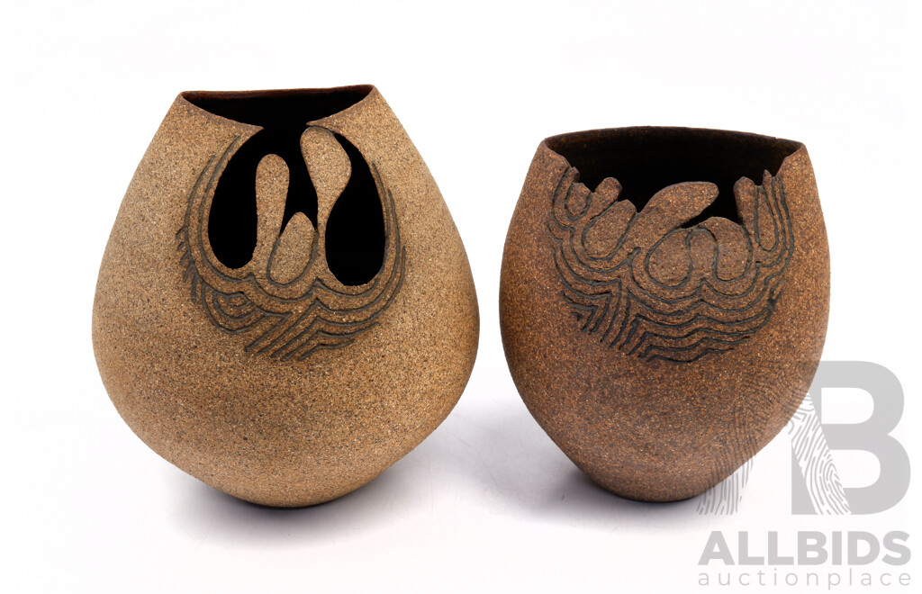 Colin Browne (Born 1949), Pair of Stoneware Forms with Decorative Incisions to Lip (2)