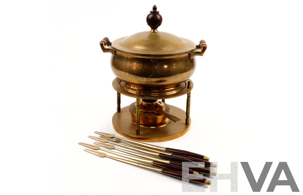 Retro Brass Fondue Set with Burner & Six Skewers