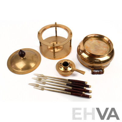 Retro Brass Fondue Set with Burner & Six Skewers