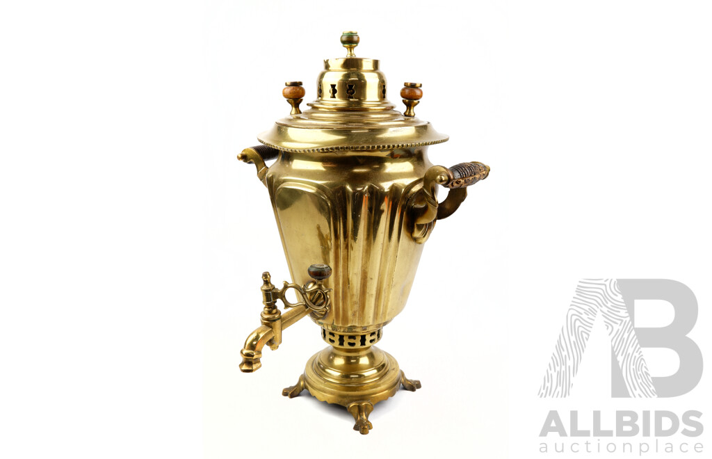 Vintage Brass Russian Samovar with Wooden Handles and Finials