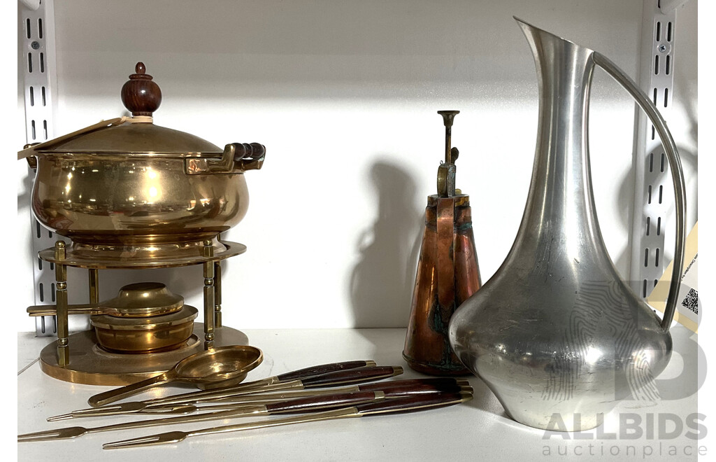Retro Brass Fondue Set with Burner & Six Skewers, Selangor Pewter Ewer and Copper Oil Can