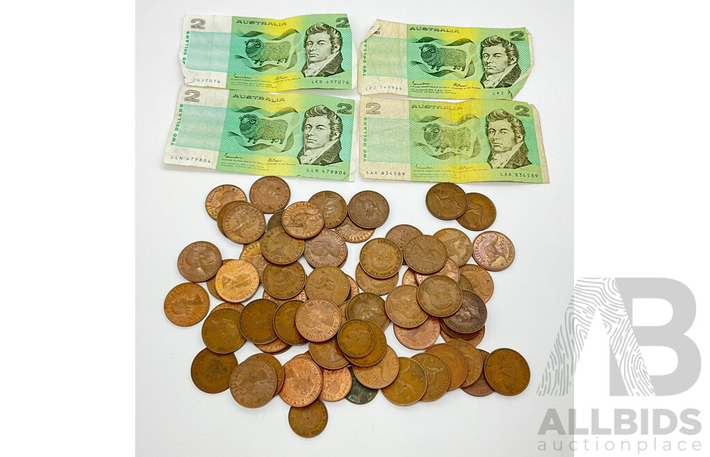 Collection of Australian Paper Two Dollar Notes Johnston/Fraser(4) and KGV, KGVI and QE2 Pennies and Half Pennies