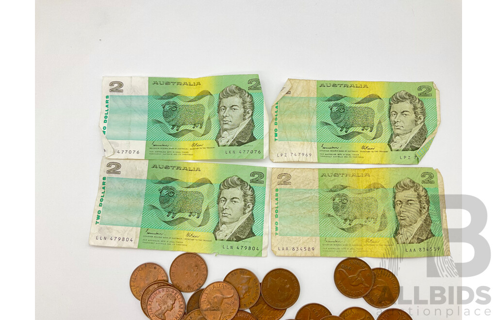 Collection of Australian Paper Two Dollar Notes Johnston/Fraser(4) and KGV, KGVI and QE2 Pennies and Half Pennies
