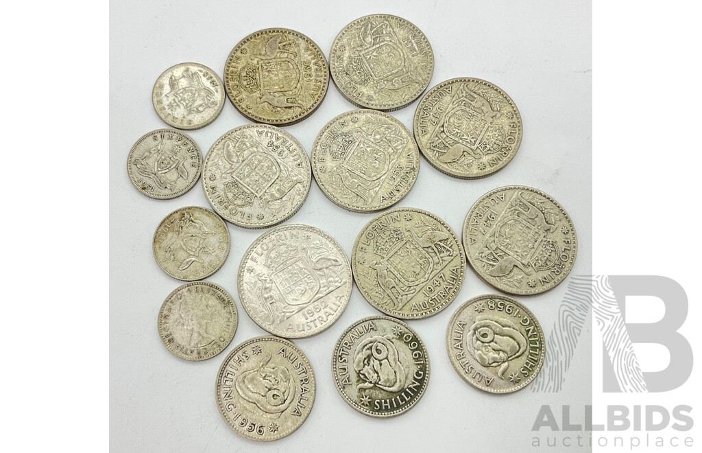 Collection of Australian Pre Decimal Coins Including Post 1945 Florins(8) QE2 Shillings(3) and Post 1945 Sixpence(4)