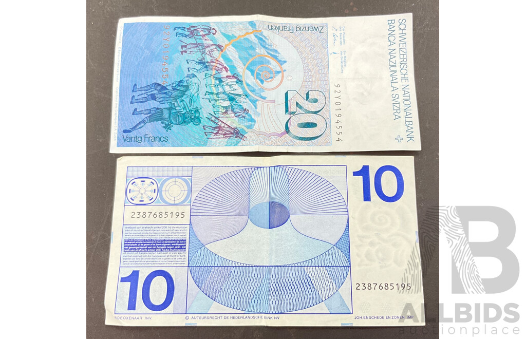 Vintage Switzland Twenty Francs Note - 92Y0194554 and Vintage Nederlands Ten Gulden Note - 2387685195