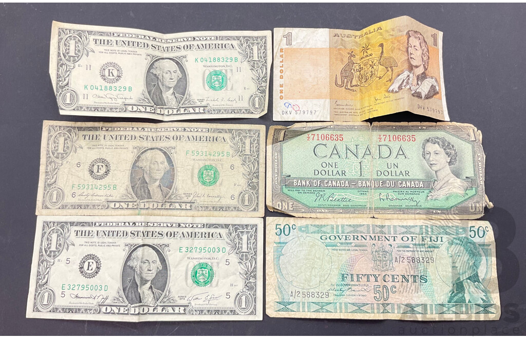 Collection of Vintage Bank Notes Including USA 1969, 1974, 1988 One Dollar(3) Canadian 1954 One Dollar, Australian Johstone/stone DKV One Dollar, Fiji Fifty Cent Note A/2588329