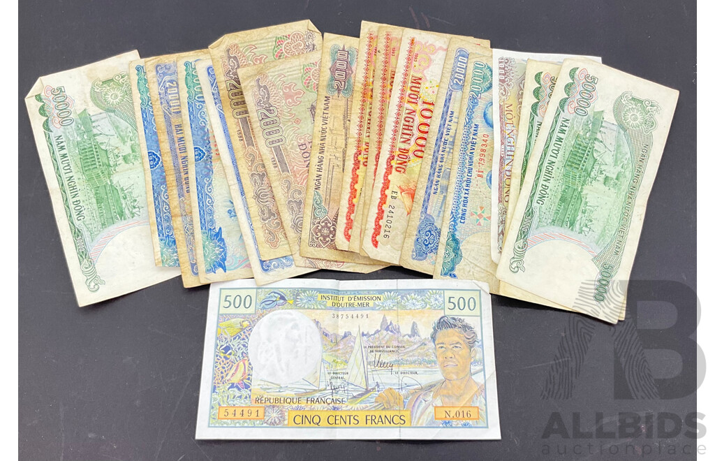 Collection of Vintage Vietnamese Paper Notes and Tahitian 1980's 500 Francs Note