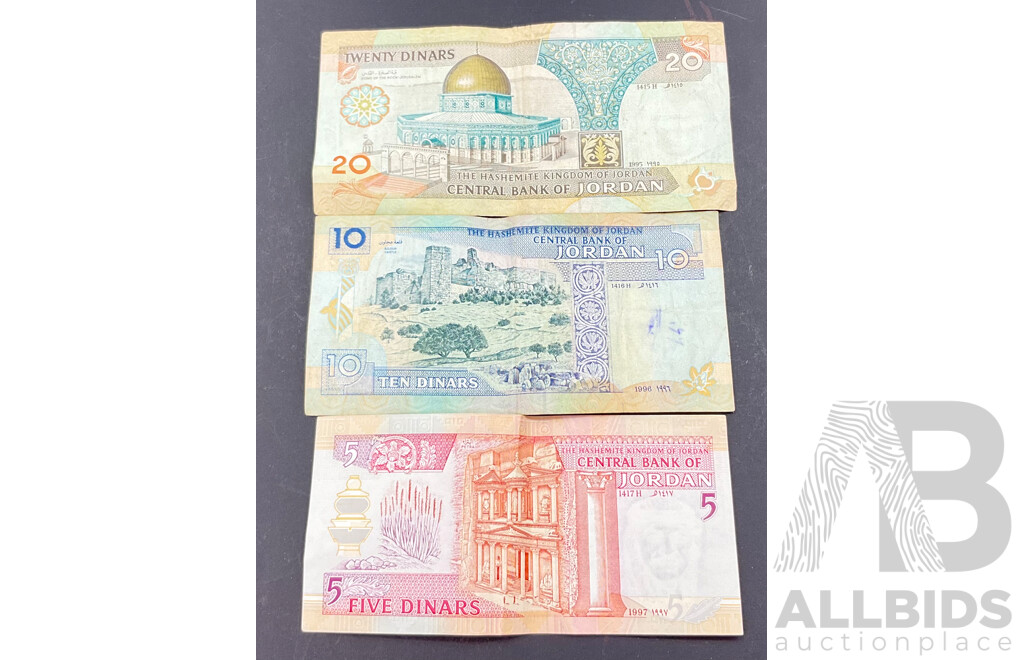 Collection of Jordan 1990's Bank Notes Five, Ten and Twenty