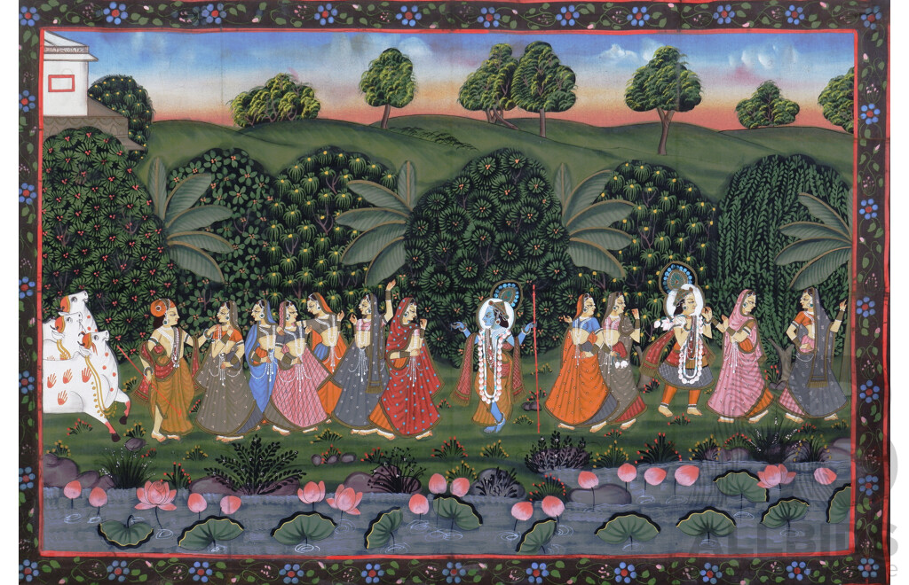 Vintage Indo-Persian Gouache on Silk Painting Depicting Krishna Dancing