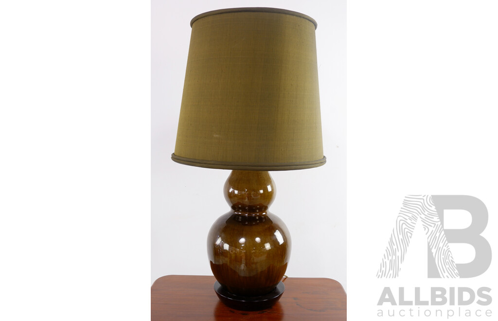 Oversized Vintage Gourd Form Table Lamp with Deep Brown/Green Glazed Base and Matching Custom Thai Silk Shade