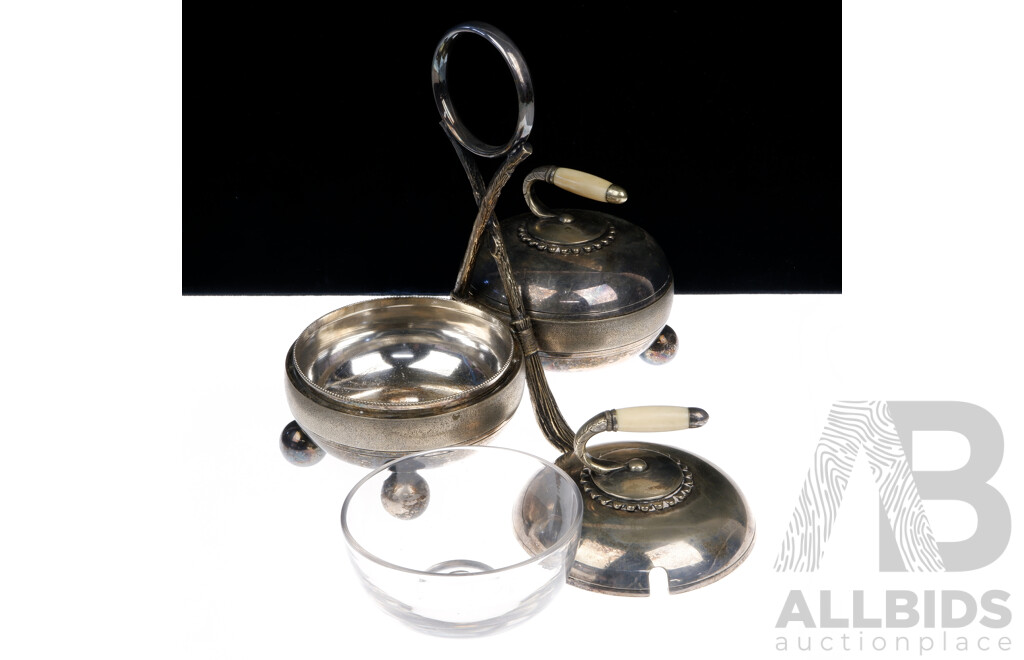 Fantastic Antique Silver Plate Sugar Dish with Twin Containers with Original Glass Liners & Ivory Handles in the Form of Curling Stones and Curling Brooms
