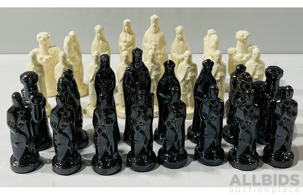 Complete Set of Unique Vintage Glazed Ceramic Chess Pieces