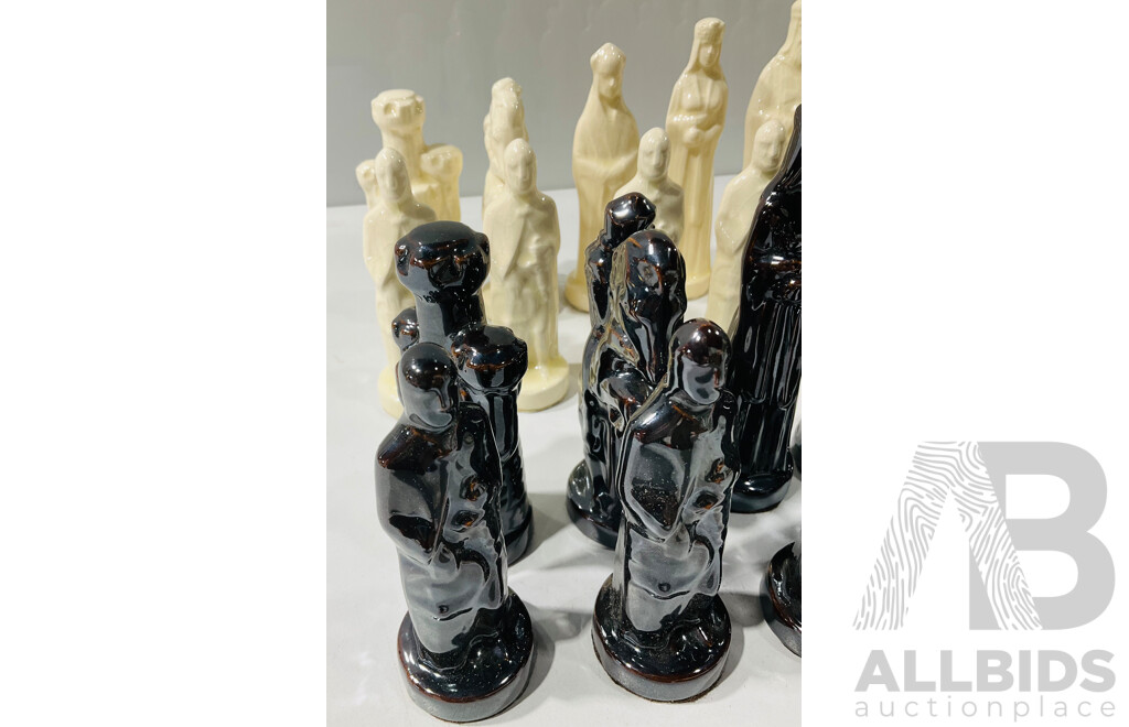 Complete Set of Unique Vintage Glazed Ceramic Chess Pieces