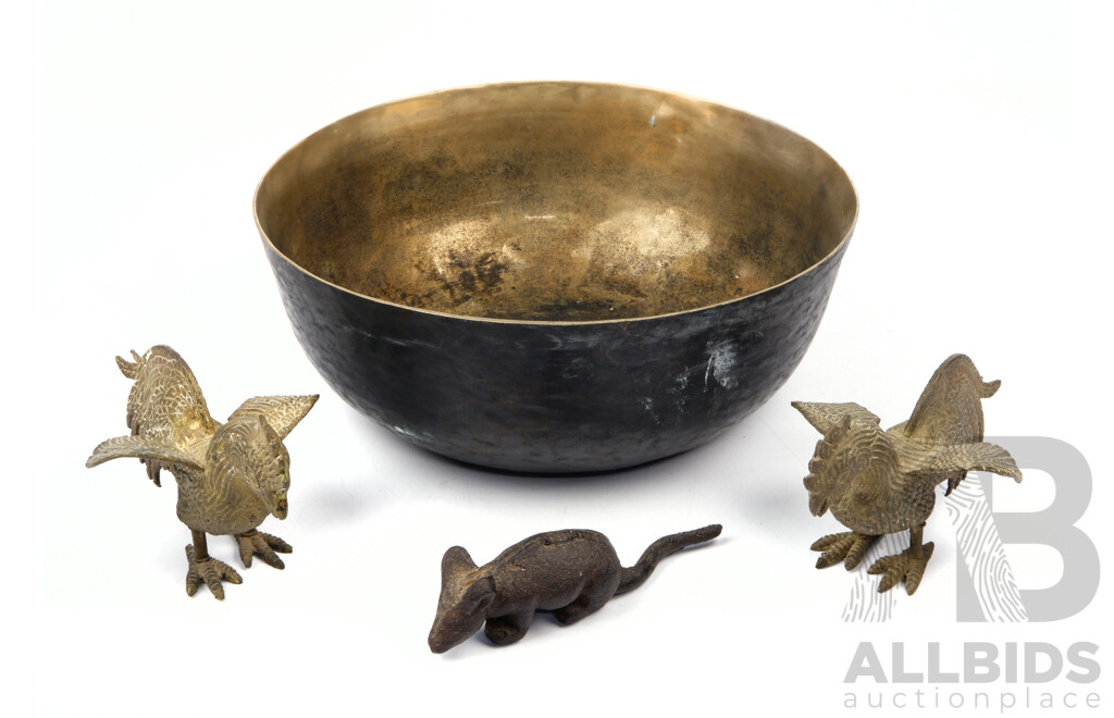 Collection Brass and Iron Items Including Pair Brass Roosters, Tibetan Brass Singing Bowl, Cast Iron Mouse Figure