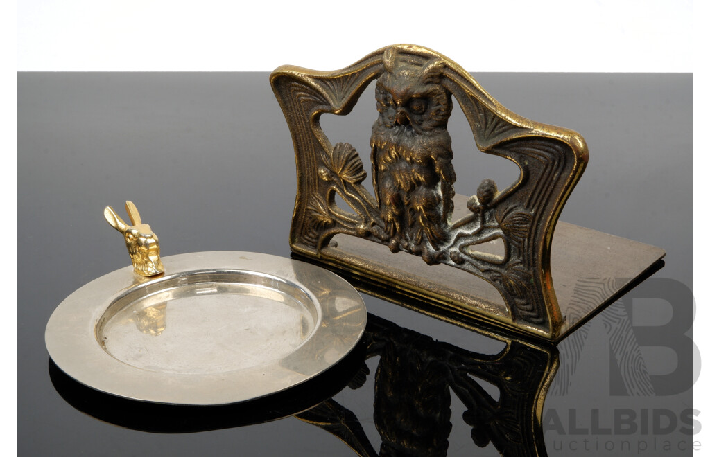 Brass Owl Themed Bookend Along with Steel Tray with Brass Rabbit Head Detail