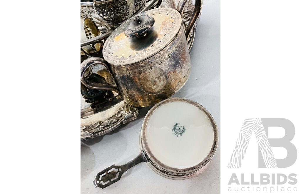 Large Collection of Antique Silver Plated Items Including Tray, Teapot, Sugar Bowl and Creamer, Alongside Salt and Pepper Shakers and More