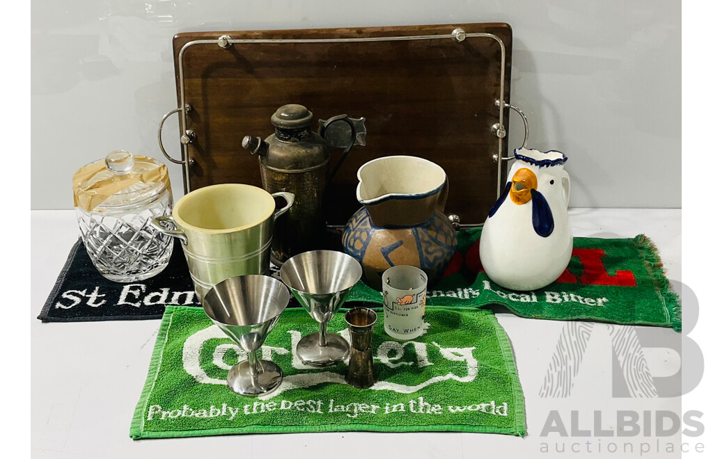 Collection of Vintage Bar and Other Items Including Large Wooden Tray, Glass Politically Incorrect Measuring Cup and More