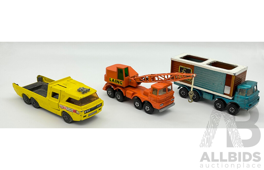 Three Vintage Matchbox Superkings Including K-7 Racingcar Transporter, K-14 Freight Liner, Mobile Crane, Made in England