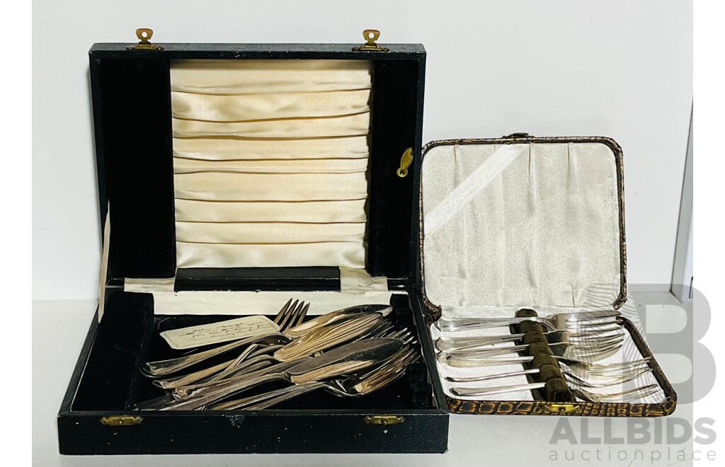 Set of Vintage Grosvenor Plate Dessert Forks in Original Box Alongside Box of Forks and Grapefruit Spoons