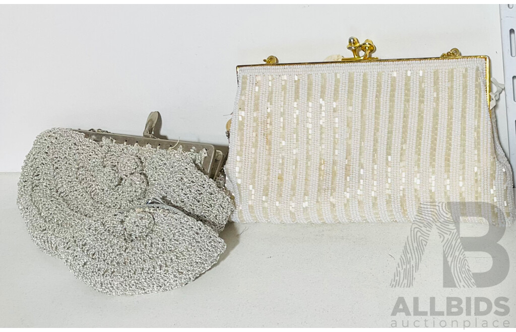 Pair of Vintage Beaded and Crocheted Purses Including Smaller Tiny Matching Purse with Silver Crocheted Purse