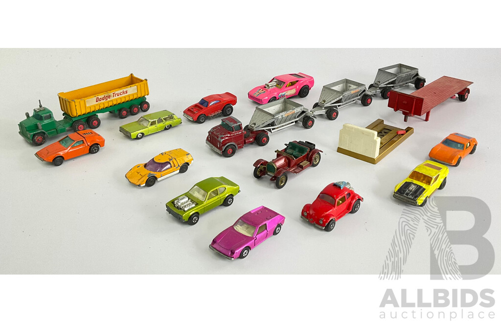 Collection of Vintage Matchbox Cars Including Dodge Truck, Tanzara, Big Banger, Mazda RX500, Boss Mustang, Mercury and More Made in England