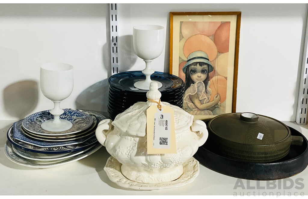 Collection of Decorative and Other Vintage Homewares Including Several Blue and White Plates, a Pair of Milk Glass Goblets, Several Green and Blue Glass Plates, a Framed Keane Print From 1962 and More