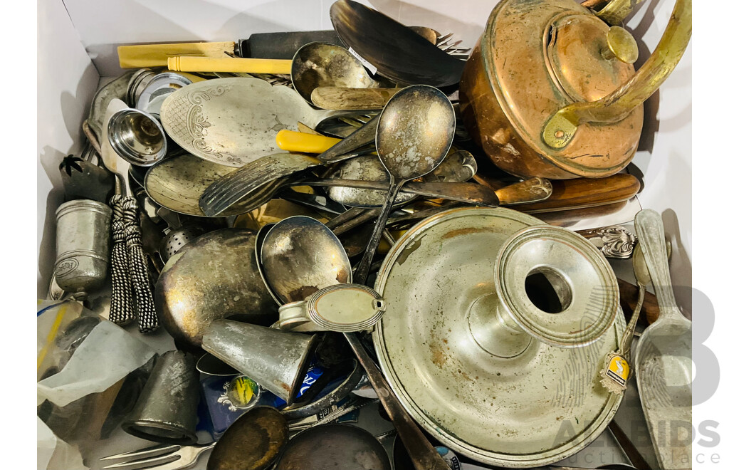 Collection of Varied Decorative Vintage Silver Plated Trays Alongside a Large Quantity of Diverse Cutlery and Serving Utensils, Candleholder and a Small Copper Pot