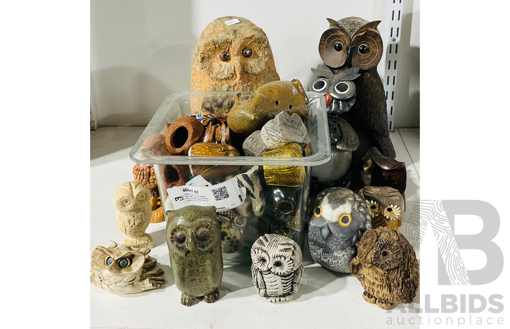 Large Collection of Decorative Owls - Made From Ceramic, Wooden, Metal, Wax, Pottery and More