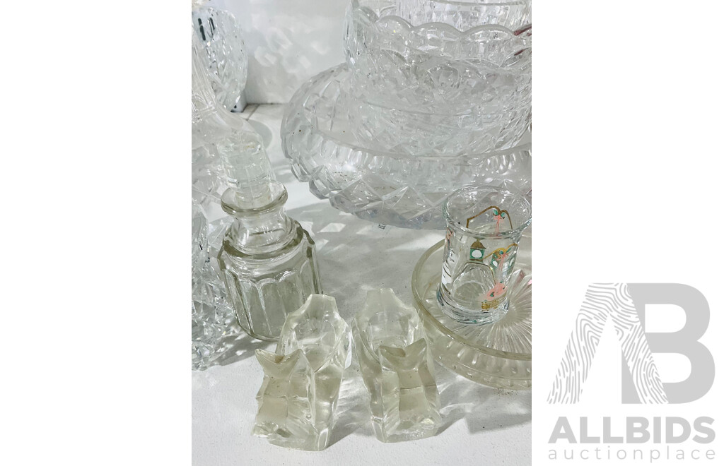 Quantity of Vintage Crystal Bowls, Vases, a Bell, Pair of Scottish Terrier Dogs and More