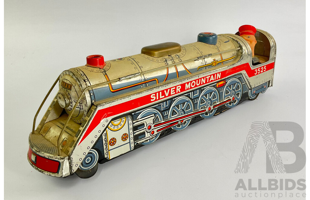 Vintage Modern Toys Pressed Steel, Battery Powered Silver Mountain Toy Steam Locomotive 3525, Made in Japan