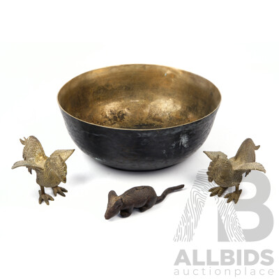 Collection Brass and Iron Items Including Pair Brass Roosters, Tibetan Brass Singing Bowl, Cast Iron Mouse Figure