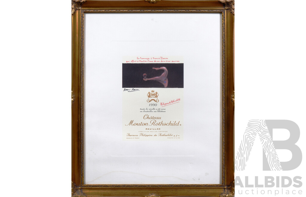 Framed Lithograph, Château Mouton Rothschild 1990 Wine Label Design Featuring Artwork by Francis Bacon