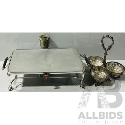 Vintage Silver Plate with Bakelite Handles on Bun Feet Fairfax and Roberts, Warming Stand Alongside James Dixon & Sons.
