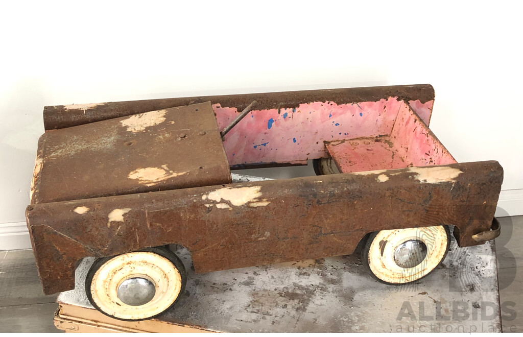 Vintage Metal Childs Peddle Car and Metal Baby Doll Pram
