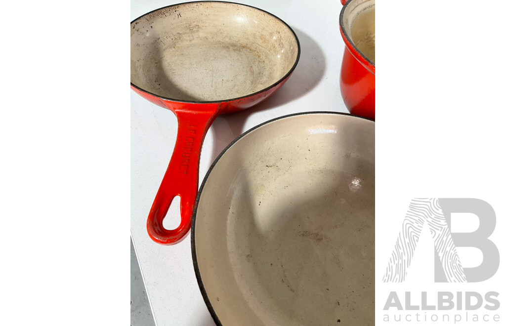 Three Small Red Le Cruset Saucepans