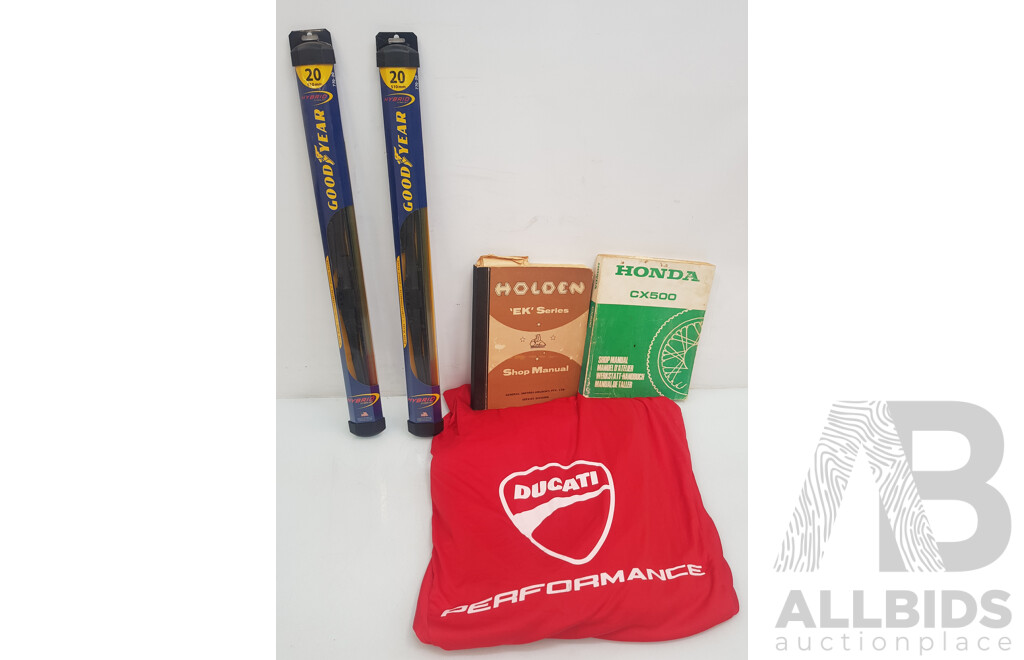 Assorted Motor Vehicle Items Such as Wiper Blades, Motorbike Cover, and Manuals