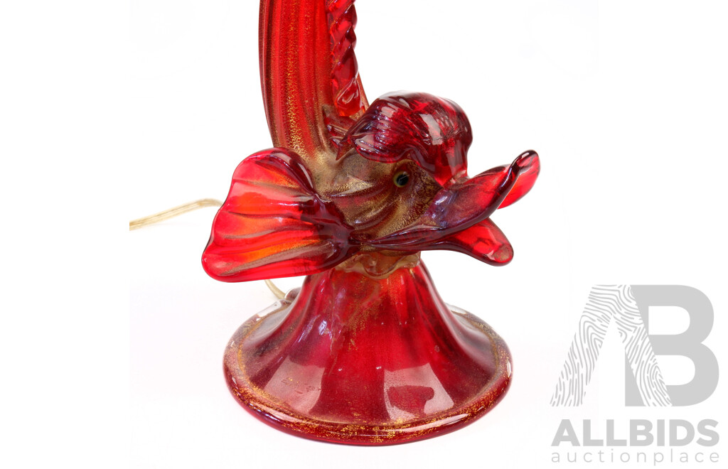 Retro Murano Barobier E Toso Style Red & Gold Glass Dolphin Form Hollywood Regency Lamp Base