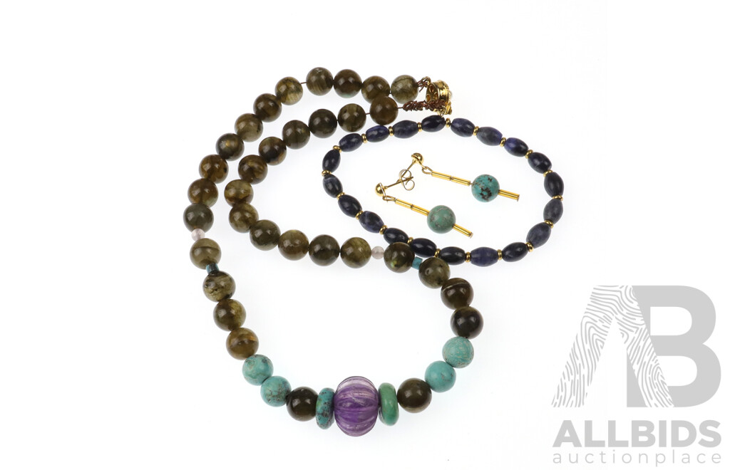 Amethyst, Turquoise and Labradorite Beaded Necklace, Lapis Bracelet & Turqoise Earrings - No Hallmarks