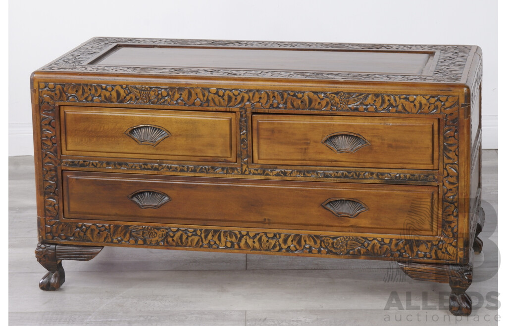 Vintage Asian Carved Three Drawer Camphor Chest