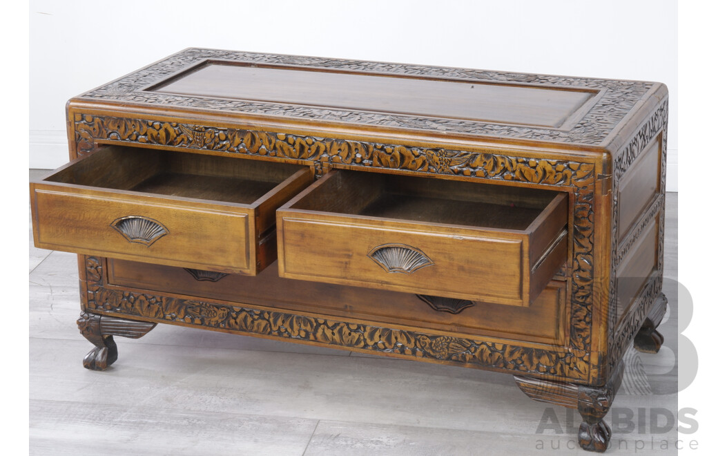 Vintage Asian Carved Three Drawer Camphor Chest