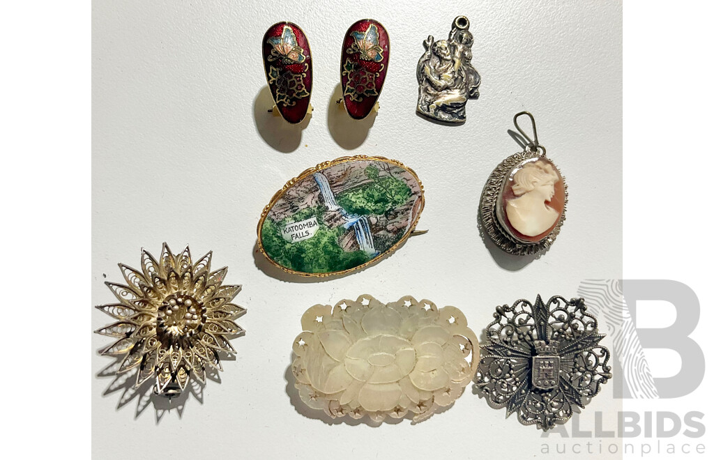 Collection of Vintage Jewellery Items Including Cameo Pendant & MOP Carved Brooch