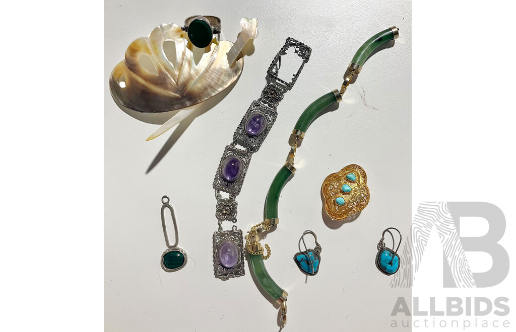 Vintage Silver Malacite Ring & Pendant, with Other Jade, Amethyst, MOP & Turquoise Items