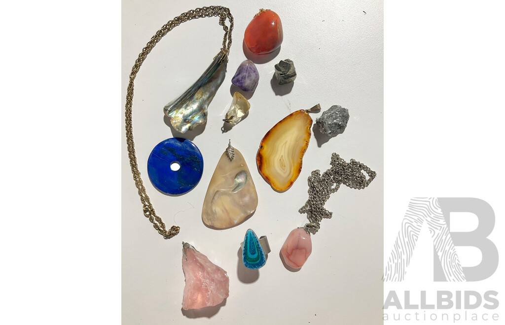 Collection of Large Stone Pendants Including Lapis, Citrine and Mother of Pearl
