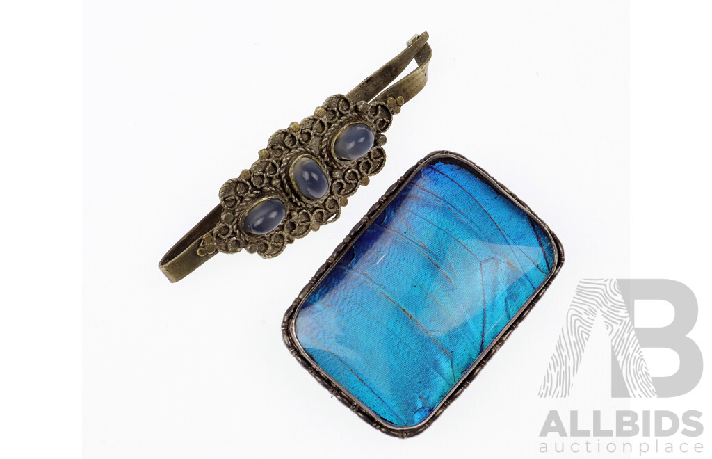 Antique Sterling Silver (1923) Brooch with Blue Morpho Butterfly Wing & Antique Moonstone Sterling Silver Hairclip