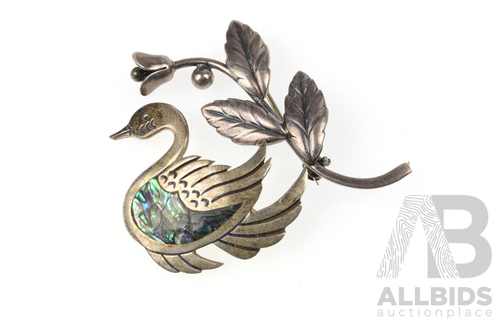 Vintage Sterling Silver Danish Floral Brooch & Taxco Swan with Pauua Shell Brooch